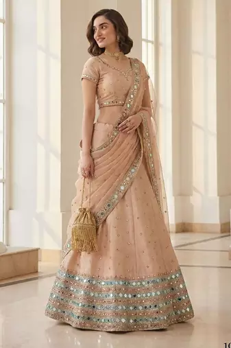 Peach Embroidered Silk Blend Thread Work Lehenga Choli - Free size