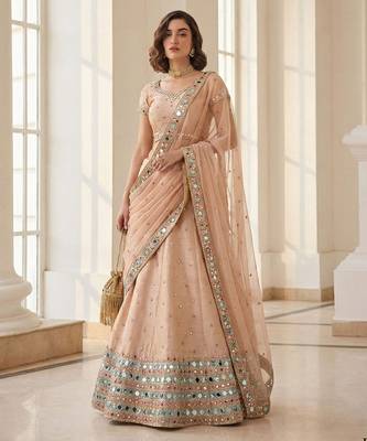 Peach Embroidered Silk Blend Thread Work Lehenga Choli - Free size 4