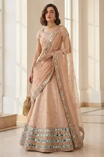 Peach Embroidered Silk Blend Thread Work Lehenga Choli - Free size