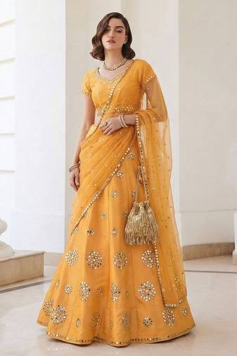 Mustard Yellow Embroidered Silk Blend Thread Work Lehenga Choli - Free size