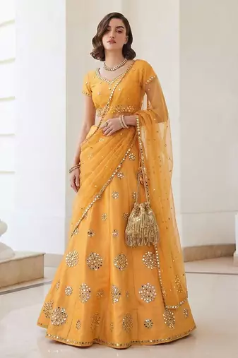 Mustard Yellow Embroidered Silk Blend Thread Work Lehenga Choli - Free size