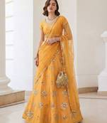 Mustard Yellow Embroidered Silk Blend Thread Work Lehenga Choli - Free size