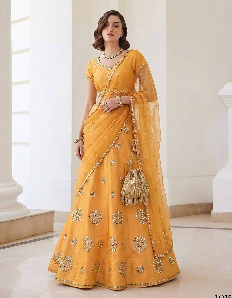 Mustard Yellow Embroidered Silk Blend Thread Work Lehenga Choli - Free size