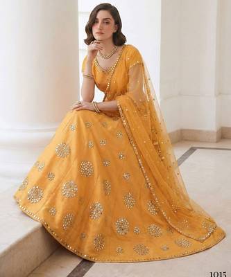 Mustard Yellow Embroidered Silk Blend Thread Work Lehenga Choli - Free size 2