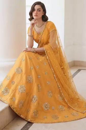 Mustard Yellow Embroidered Silk Blend Thread Work Lehenga Choli - Free size
