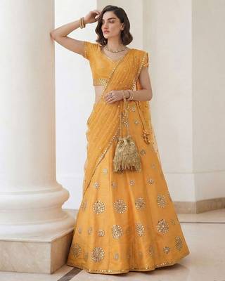 Mustard Yellow Embroidered Silk Blend Thread Work Lehenga Choli - Free size 3