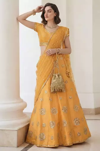 Mustard Yellow Embroidered Silk Blend Thread Work Lehenga Choli - Free size