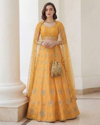 Mustard Yellow Embroidered Silk Blend Thread Work Lehenga Choli - Free size 4