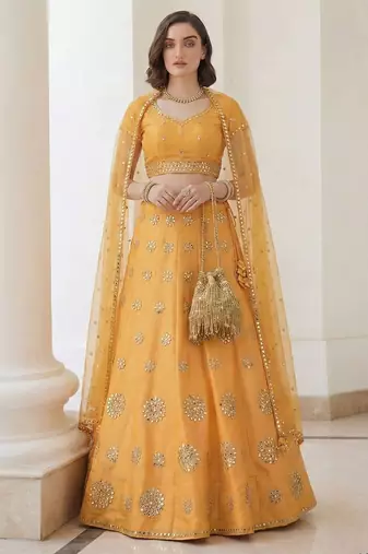 Mustard Yellow Embroidered Silk Blend Thread Work Lehenga Choli - Free size