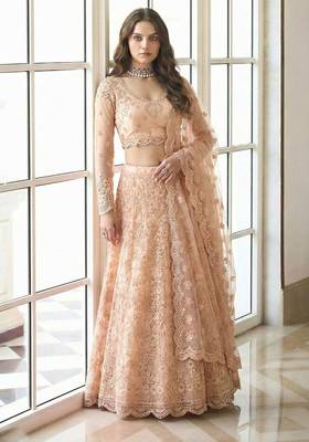 Peach Embroidered Net Stone Work Lehenga Choli - Free size 1
