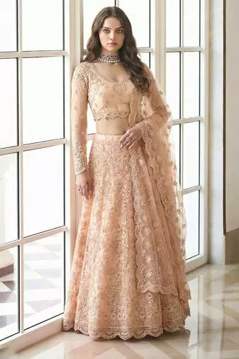 Peach Embroidered Net Stone Work Lehenga Choli - Free size