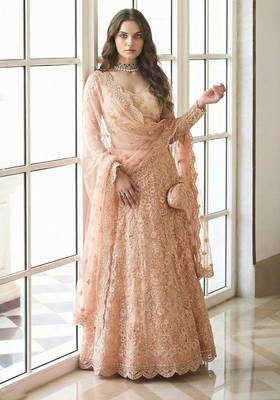 Peach Embroidered Net Stone Work Lehenga Choli - Free size 2