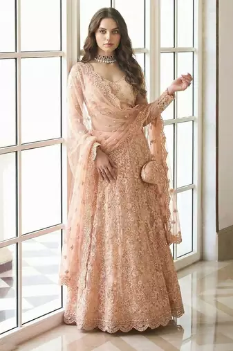 Peach Embroidered Net Stone Work Lehenga Choli - Free size