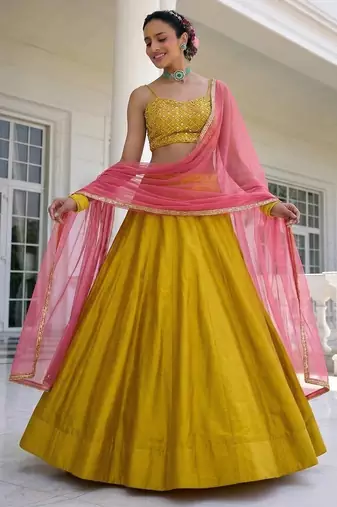 Yellow Embroidered Silk Blend Thread Work Lehenga Choli - Free size