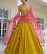 Yellow Embroidered Silk Blend Thread Work Lehenga Choli - Free size