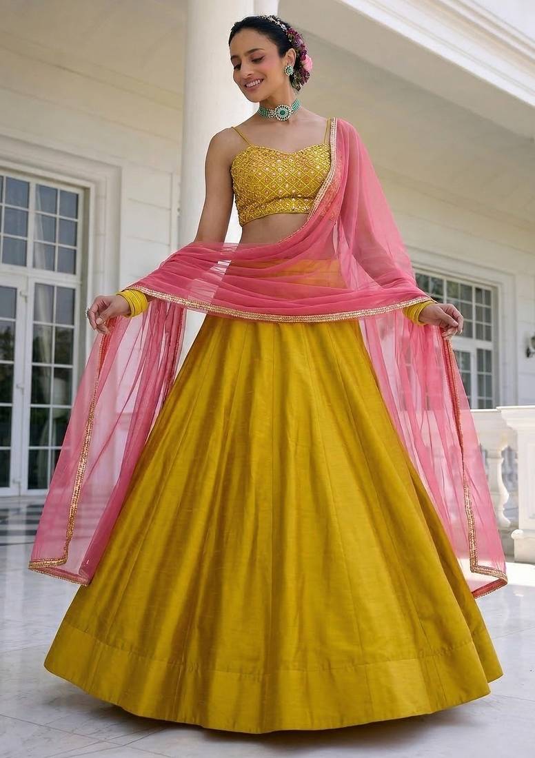 Yellow Embroidered Silk Blend Thread Work Lehenga Choli - Free size