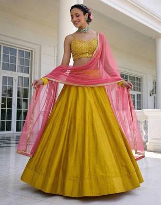 Yellow Embroidered Silk Blend Thread Work Lehenga Choli - Free size 3