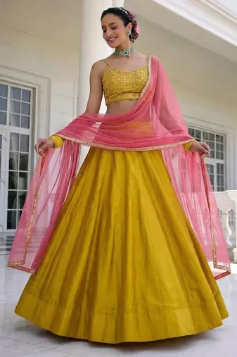 Yellow Embroidered Silk Blend Thread Work Lehenga Choli - Free size