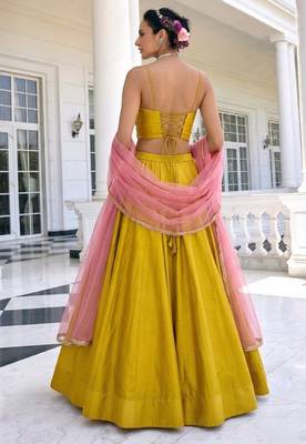 Yellow Embroidered Silk Blend Thread Work Lehenga Choli - Free size 4