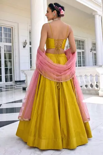 Yellow Embroidered Silk Blend Thread Work Lehenga Choli - Free size