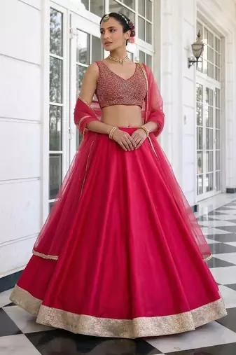 Pink Embroidered Silk Blend Thread Work Lehenga Choli - Free size