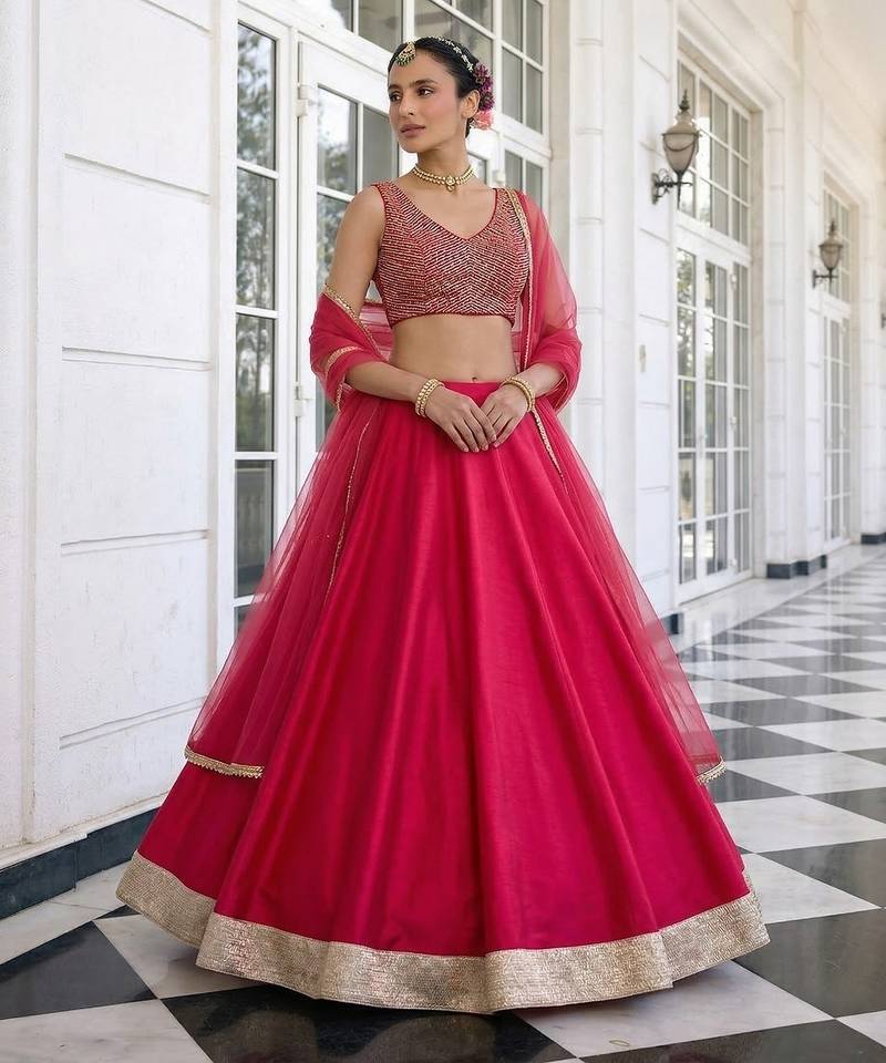 Pink Embroidered Silk Blend Thread Work Lehenga Choli - Free size