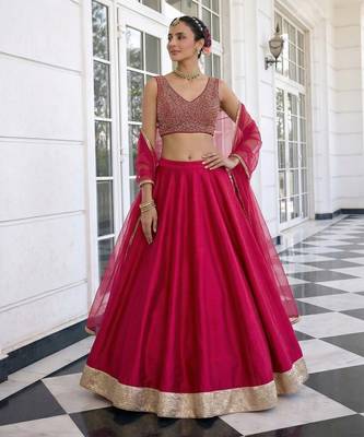 Pink Embroidered Silk Blend Thread Work Lehenga Choli - Free size 2