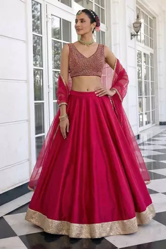 Pink Embroidered Silk Blend Thread Work Lehenga Choli - Free size