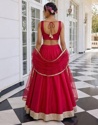 Pink Embroidered Silk Blend Thread Work Lehenga Choli - Free size 3