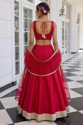 Pink Embroidered Silk Blend Thread Work Lehenga Choli - Free size