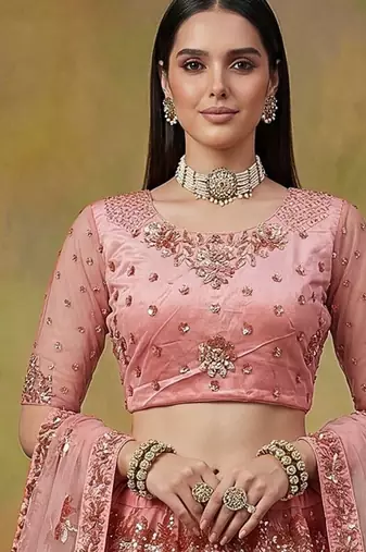 Off White Embroidered Net Thread Work Lehenga Choli - Free size