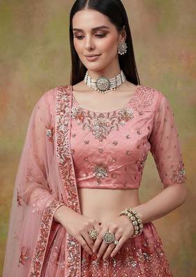 Off White Embroidered Net Thread Work Lehenga Choli - Free size 3