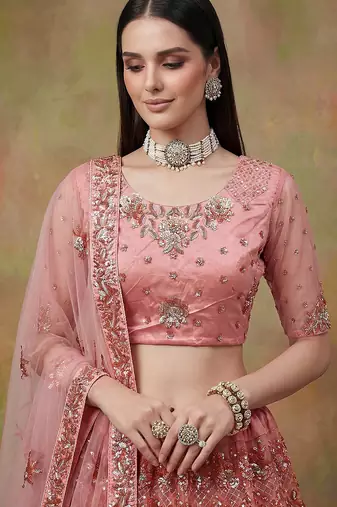 Off White Embroidered Net Thread Work Lehenga Choli - Free size