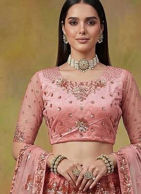 Off White Embroidered Net Thread Work Lehenga Choli - Free size 4