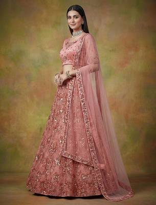 Off White Embroidered Net Thread Work Lehenga Choli - Free size 1