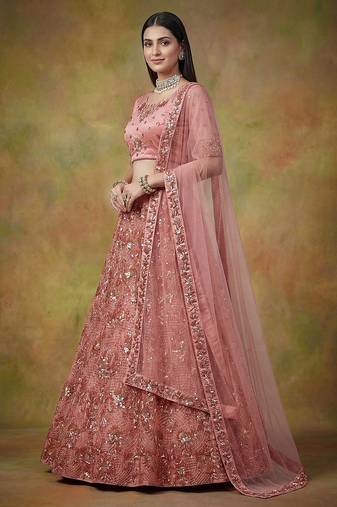 Off White Embroidered Net Thread Work Lehenga Choli - Free size