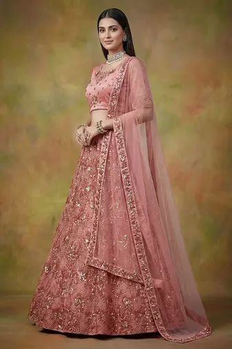 Off White Embroidered Net Thread Work Lehenga Choli - Free size