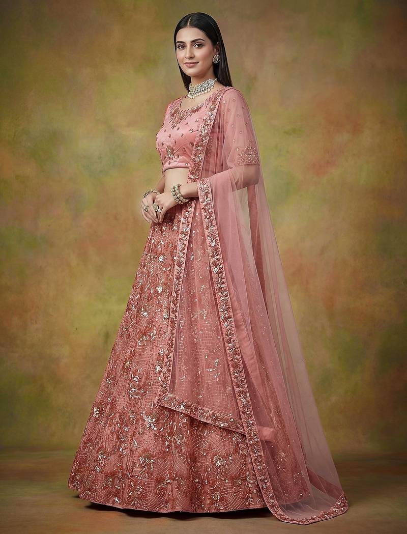 Off White Embroidered Net Thread Work Lehenga Choli - Free size