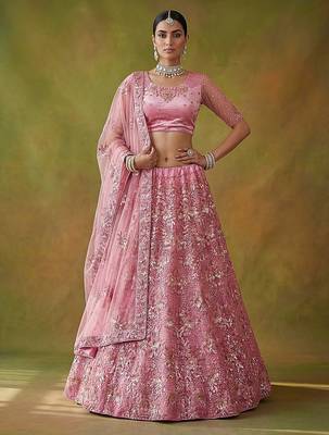 Lilac Embroidered Net Thread Work Lehenga Choli - Free size 1
