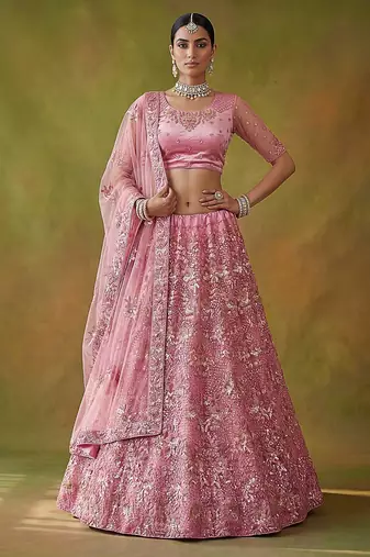 Lilac Embroidered Net Thread Work Lehenga Choli - Free size