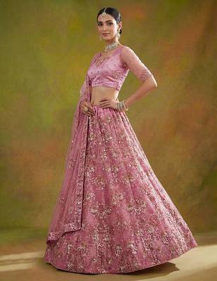 Lilac Embroidered Net Thread Work Lehenga Choli - Free size 2
