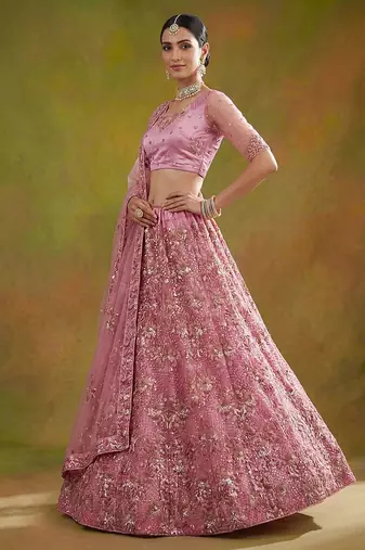 Lilac Embroidered Net Thread Work Lehenga Choli - Free size
