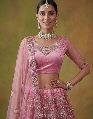 Lilac Embroidered Net Thread Work Lehenga Choli - Free size 3