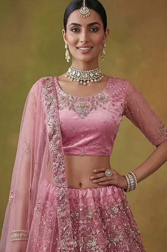Lilac Embroidered Net Thread Work Lehenga Choli - Free size