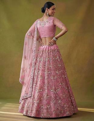 Lilac Embroidered Net Thread Work Lehenga Choli - Free size 4