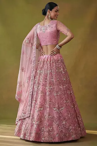 Lilac Embroidered Net Thread Work Lehenga Choli - Free size