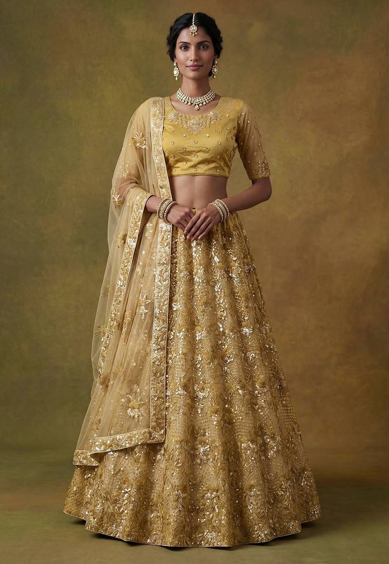 Red Embroidered Net Thread Work Lehenga Choli - Free size