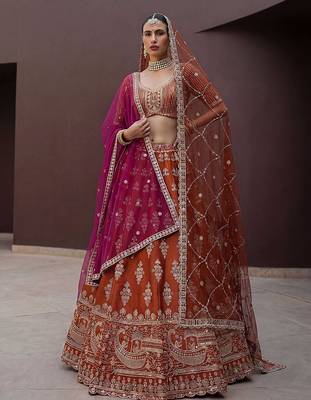 Orange Embroidered Silk Blend Zari Work Lehenga Choli - Free size 1
