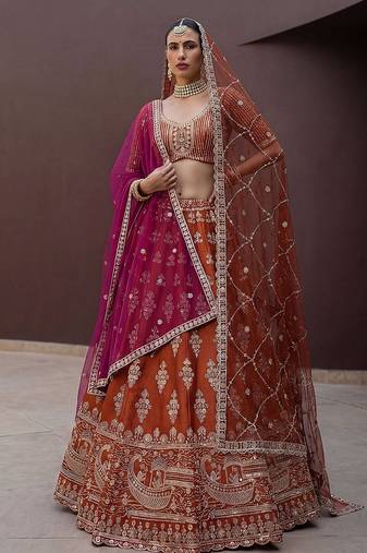 Orange Embroidered Silk Blend Zari Work Lehenga Choli - Free size