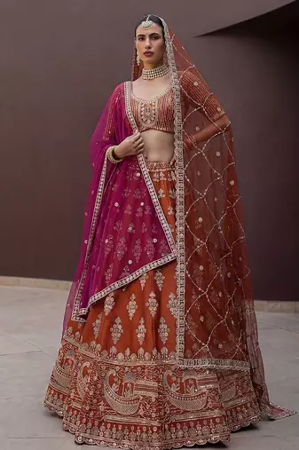 Orange Embroidered Silk Blend Zari Work Lehenga Choli - Free size